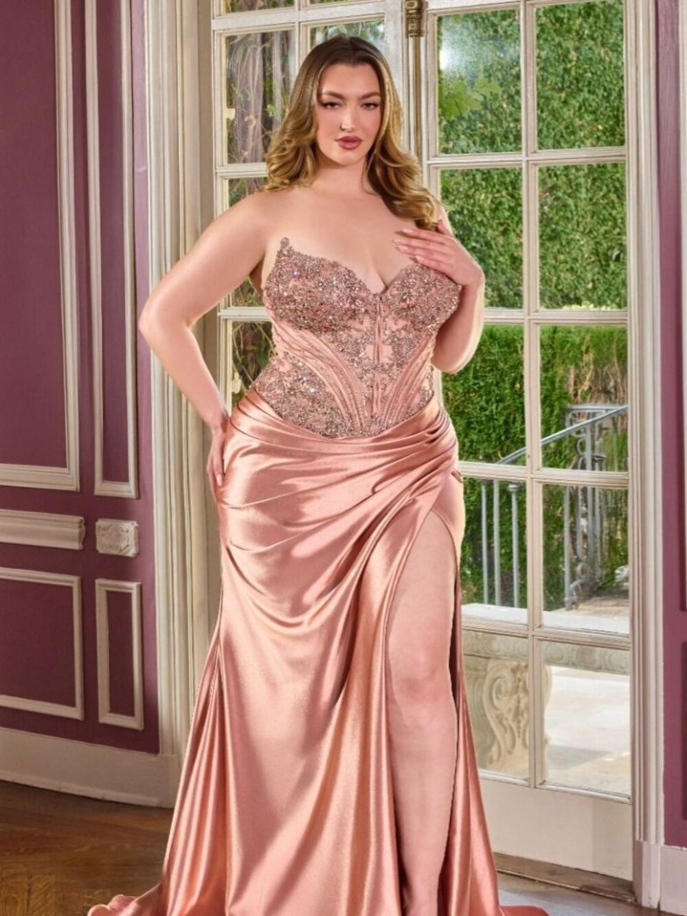New Rose Gold Sleeveless Plus Size Evening Dress w/ Beaded Bodice CD KV1136C
